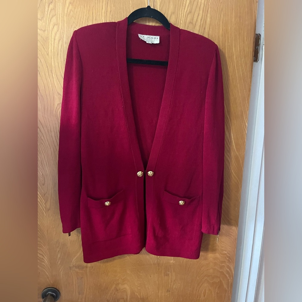 St. John red knit blazer with shoulder pads P